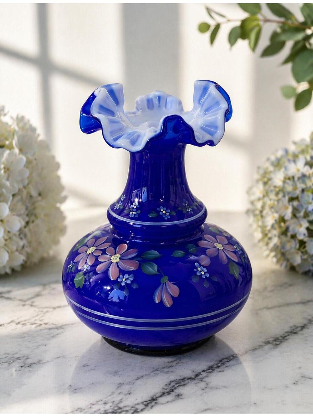Vintage Signed Fenton Cobalt Blue Hand Painted Floral Ruffle Vase 1990s